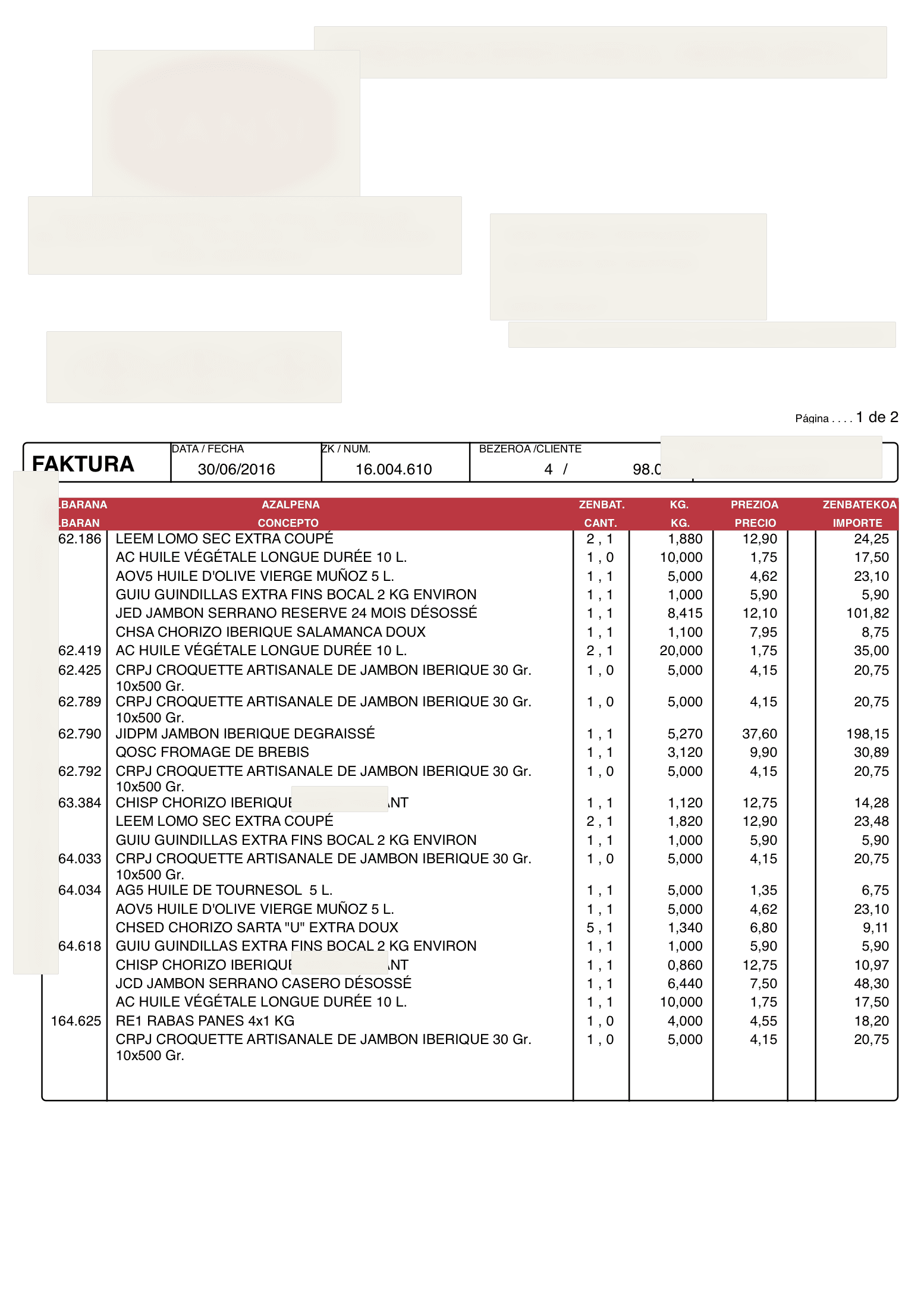 Facture fournisseur réelle, informations du fournisseur masquées